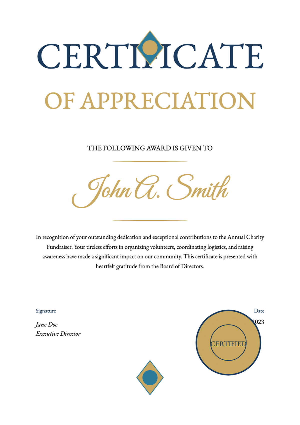Elegant certificate of appreciation with gold teal accents and seal_variant_2